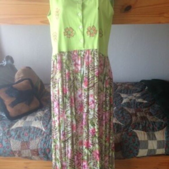 VINTAGE Point One LIME GREEN & CORAL Animal & Floral* Flowy BOHO MAXI Sundress S - Picture 2 of 6